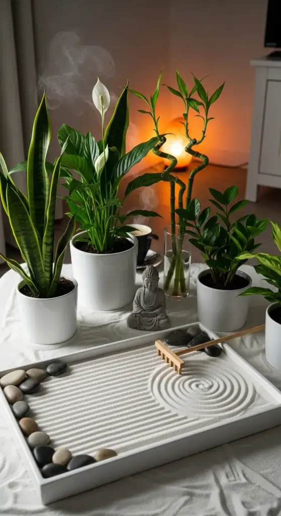 A calming indoor zen garden on a white table, featuring a miniature sand dish garden with a small rake and smooth pebbles, surrounded by potted houseplants including a snake plant, peace lily, lucky bamboo, and a Buddha statue.