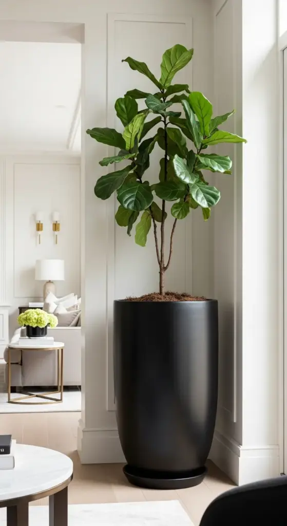 A large fiddle-leaf fig tree stands in a modern, matte black plant pot design, complementing the elegant, minimalist white interior of the room.
