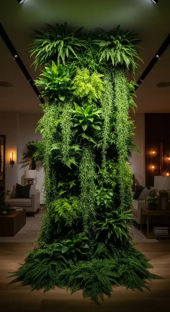 A stunning, large-scale living wall installation is built around a central column, featuring a dense arrangement of various ferns, vining plants, and other tropical foliage. This impressive display is an excellent example of luxurious and immersive plant wall ideas indoor, creating a striking biophilic centerpiece in a modern living space.