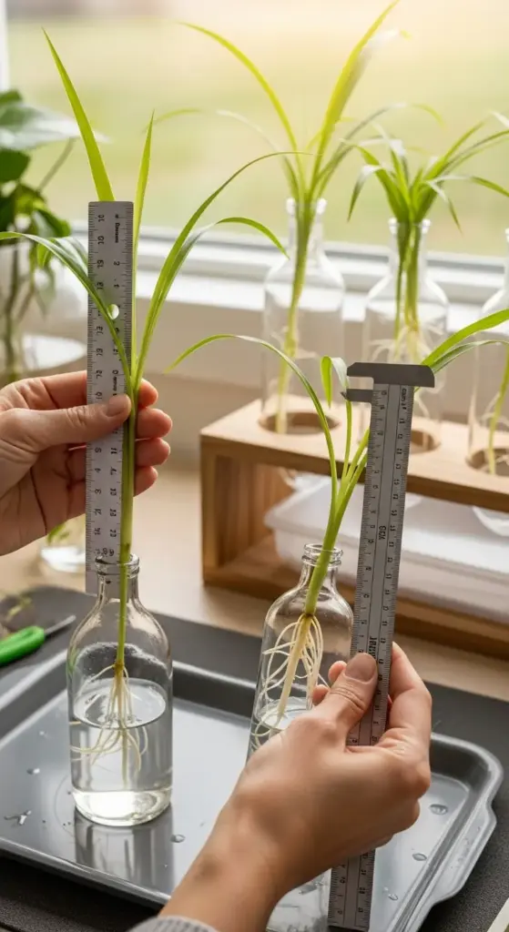 A person is measuring the growth of spider plant babies, or plantlets, with a ruler and caliper while they are rooting in glass bottles of water. This image highlights the process of propagation, a key part of spider plant care. The spider plant babies have visible root systems, and other plantlets are visible in the background, all being cultivated near a bright window.