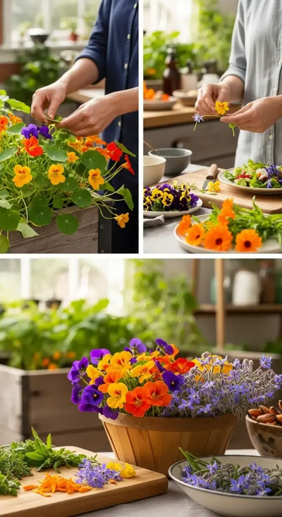 A collage of images demonstrates how to grow and use edible flowers, with a person tending to a planter of vibrant nasturtiums, arranging a colorful salad with pansies, and a final shot of a beautiful harvest basket overflowing with blossoms. This provides a great visual guide for backyard flower garden ideas focused on creating a beautiful and delicious culinary garden.