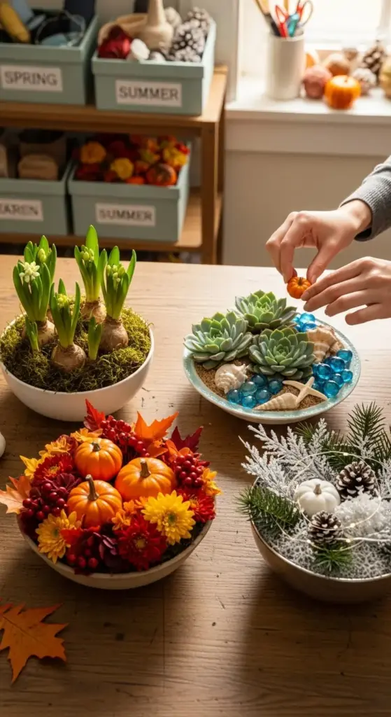 A seasonal collection of four decorative dish gardens on a wooden table, representing spring, summer, and two for autumn/winter. One dish garden features hyacinth bulbs, another is a beach-themed succulent arrangement, and two others showcase festive holiday decor with pumpkins, berries, and pinecones.