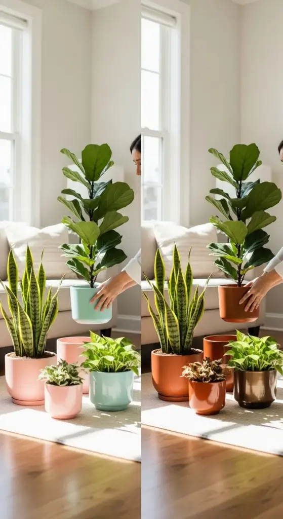 A side-by-side comparison shows the same interior with a fiddle-leaf fig, snake plant, and pothos, highlighting two different plant pot designs and color palettes: soft pastels and earthy terracotta and bronze tones.