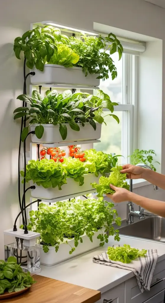 A woman's hands are harvesting fresh lettuce from a multi-tiered hydroponic kitchen garden system, mounted on a white wall next to a window. The system features long white planters with LED grow lights, showcasing a practical and edible approach to plant wall ideas indoor. The planters are filled with basil, spinach, lettuce, and cherry tomatoes, creating a functional and fresh food source.