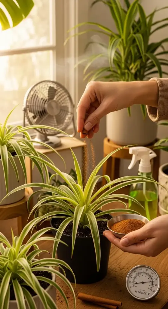 A person's hands are adding a cinnamon-colored powder from a small bowl to the soil of a potted spider plant. This image showcases a specific method of spider plant care, potentially for pest control or a nutrient boost. A spray bottle, a fan, and a humidity gauge are visible in the background, along with other houseplants, highlighting a holistic approach to creating a healthy environment for the plants.