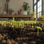 Close-up of numerous small, bright green seedlings with visible roots growing in dark soil indoors near a bright window. This image illustrates How To Grow Small Plants from seed, highlighting early growth and root development in a sunny environment.