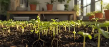 Close-up of numerous small, bright green seedlings with visible roots growing in dark soil indoors near a bright window. This image illustrates How To Grow Small Plants from seed, highlighting early growth and root development in a sunny environment.