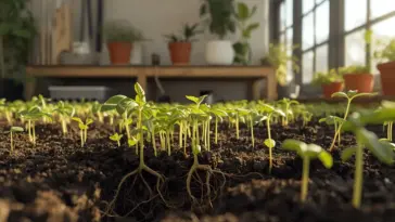Close-up of numerous small, bright green seedlings with visible roots growing in dark soil indoors near a bright window. This image illustrates How To Grow Small Plants from seed, highlighting early growth and root development in a sunny environment.