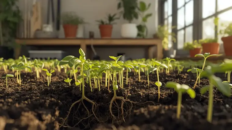 Close-up of numerous small, bright green seedlings with visible roots growing in dark soil indoors near a bright window. This image illustrates How To Grow Small Plants from seed, highlighting early growth and root development in a sunny environment.