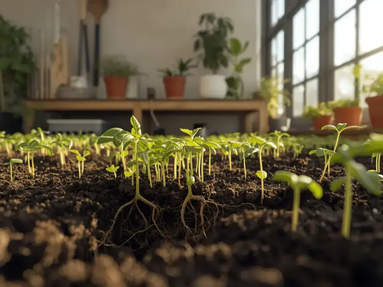 Close-up of numerous small, bright green seedlings with visible roots growing in dark soil indoors near a bright window. This image illustrates How To Grow Small Plants from seed, highlighting early growth and root development in a sunny environment.