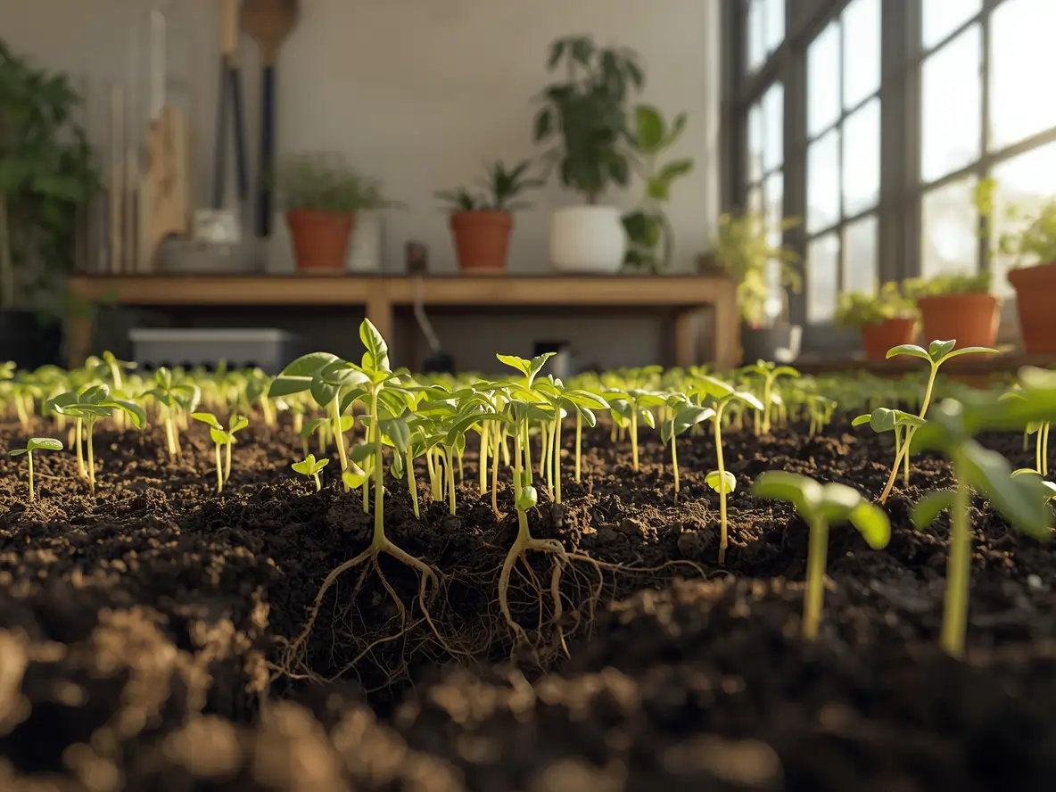 Close-up of numerous small, bright green seedlings with visible roots growing in dark soil indoors near a bright window. This image illustrates How To Grow Small Plants from seed, highlighting early growth and root development in a sunny environment.