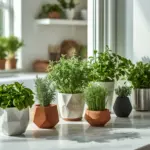 A row of fresh green herbs, including basil, rosemary, and chives, growing in assorted decorative white, terracotta, and metal Indoor Herb Pots on a sunny kitchen counter.