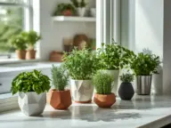 A row of fresh green herbs, including basil, rosemary, and chives, growing in assorted decorative white, terracotta, and metal Indoor Herb Pots on a sunny kitchen counter.