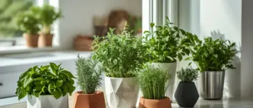 A row of fresh green herbs, including basil, rosemary, and chives, growing in assorted decorative white, terracotta, and metal Indoor Herb Pots on a sunny kitchen counter.