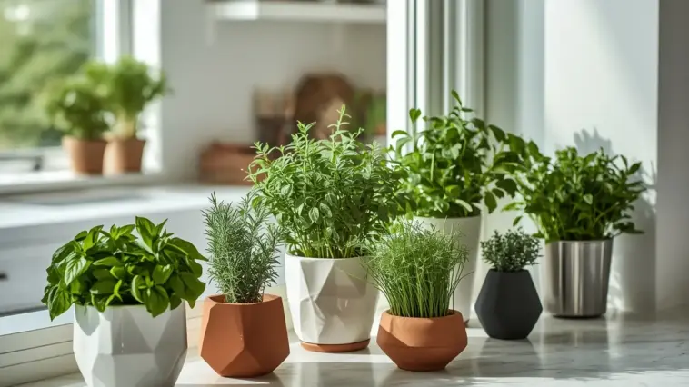 A row of fresh green herbs, including basil, rosemary, and chives, growing in assorted decorative white, terracotta, and metal Indoor Herb Pots on a sunny kitchen counter.