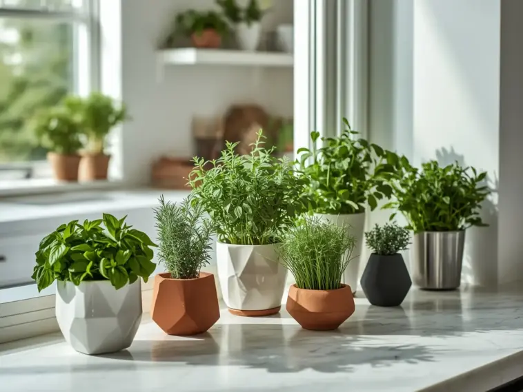 A row of fresh green herbs, including basil, rosemary, and chives, growing in assorted decorative white, terracotta, and metal Indoor Herb Pots on a sunny kitchen counter.