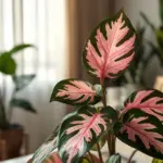 Close-up of a stunning Philodendron Pink Princess plant showcasing its dark green and vibrant pink variegated leaves in a bright indoor setting.