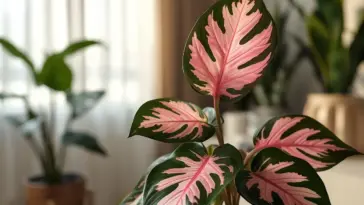 Close-up of a stunning Philodendron Pink Princess plant showcasing its dark green and vibrant pink variegated leaves in a bright indoor setting.