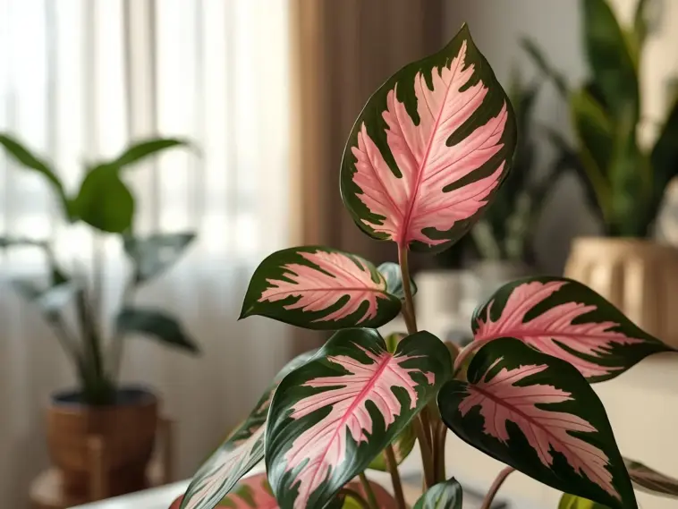 Close-up of a stunning Philodendron Pink Princess plant showcasing its dark green and vibrant pink variegated leaves in a bright indoor setting.