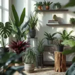 Rare exotic house plants filling a bright, sunlit room, including a large Monstera, Bird of Paradise, Snake Plant, a red Bromeliad, and others on shelves and natural wood accents.