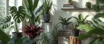 Rare exotic house plants filling a bright, sunlit room, including a large Monstera, Bird of Paradise, Snake Plant, a red Bromeliad, and others on shelves and natural wood accents.