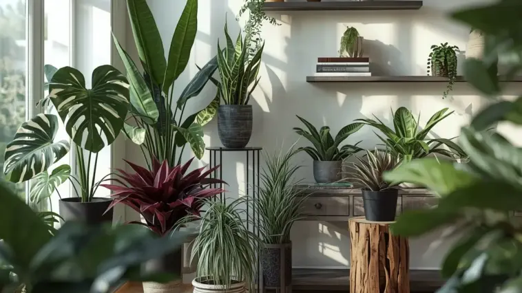 Rare exotic house plants filling a bright, sunlit room, including a large Monstera, Bird of Paradise, Snake Plant, a red Bromeliad, and others on shelves and natural wood accents.