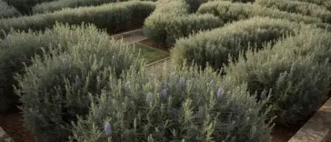 Lush rosemary garden design featuring a geometric hedge maze with fragrant silver-green bushes and delicate purple flowers, creating a serene and intricate landscape.