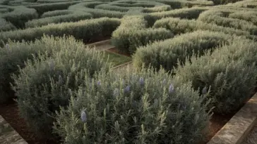 Lush rosemary garden design featuring a geometric hedge maze with fragrant silver-green bushes and delicate purple flowers, creating a serene and intricate landscape.