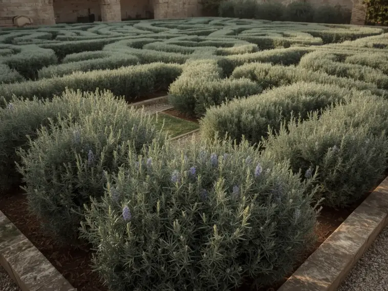Lush rosemary garden design featuring a geometric hedge maze with fragrant silver-green bushes and delicate purple flowers, creating a serene and intricate landscape.
