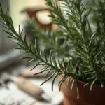 A close-up, high-quality image of a healthy rosemary plant in a terracotta pot, positioned on a sunlit windowsill. The long, green, needle-like leaves are in sharp focus, showcasing the plant's vibrant texture. This image is ideal for an article or guide on Rosemary Plant Care, highlighting a thriving indoor plant.