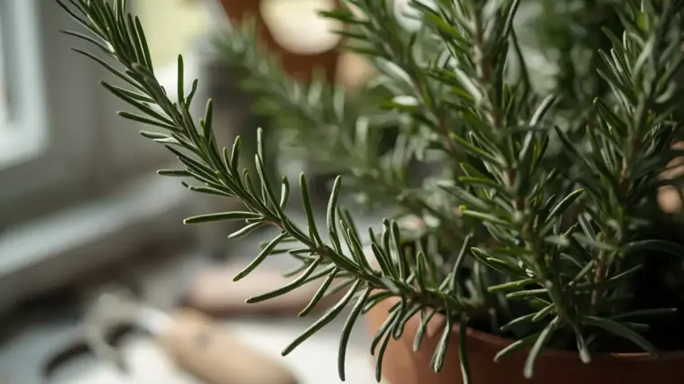 A close-up, high-quality image of a healthy rosemary plant in a terracotta pot, positioned on a sunlit windowsill. The long, green, needle-like leaves are in sharp focus, showcasing the plant's vibrant texture. This image is ideal for an article or guide on Rosemary Plant Care, highlighting a thriving indoor plant.