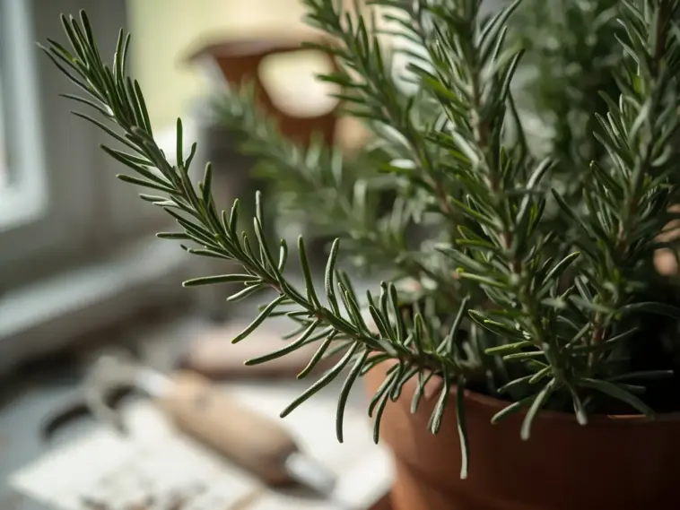 A close-up, high-quality image of a healthy rosemary plant in a terracotta pot, positioned on a sunlit windowsill. The long, green, needle-like leaves are in sharp focus, showcasing the plant's vibrant texture. This image is ideal for an article or guide on Rosemary Plant Care, highlighting a thriving indoor plant.