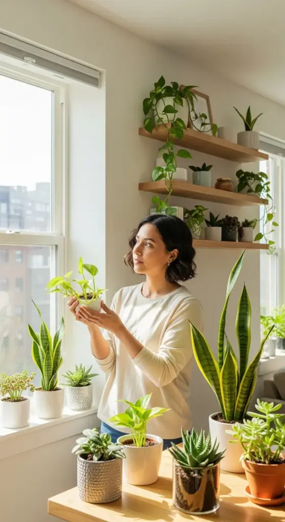 
A young woman stands by a bright window, holding a small potted plant and gazing out. She is surrounded by a variety of thriving small plants, including snake plants, pothos, and succulents, arranged on the windowsill and wall shelves. This image shows practical examples of How To Grow Small Plants indoors with natural light.