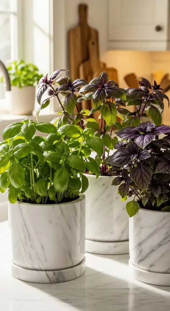 Two varieties of basil, bright green and deep purple, growing in elegant white marble Indoor Herb Pots on a sunlit kitchen countertop.