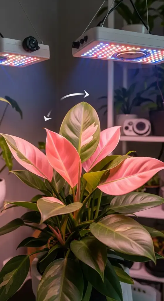 A vibrant Philodendron Pink Princess plant thriving under two square LED grow lights, emphasizing the importance of light for maintaining its stunning pink variegation.