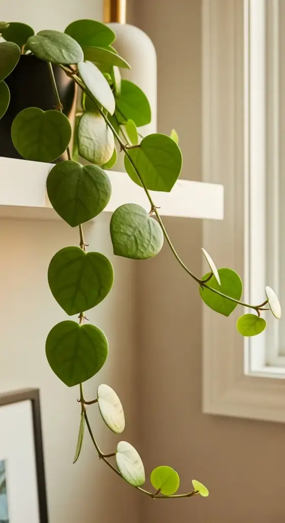 Close-up of a trailing, heart-leafed Hoya Kerrii or String of Hearts, a Rare Exotic House Plant, hanging from a white shelf in a sunlit room.