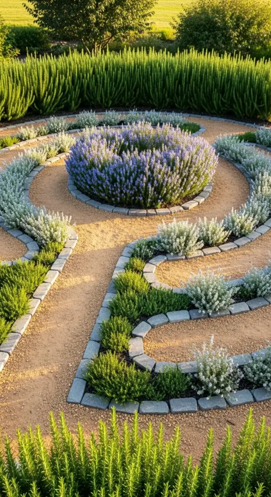 Circular rosemary garden design with concentric rings of flowering rosemary bushes, vibrant green and silvery-gray varieties, separated by tan gravel paths and stone borders under a warm sunset.
