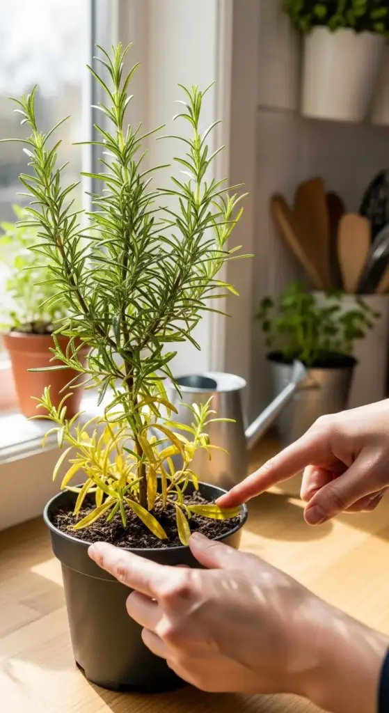 A person's hands point to yellowing leaves on a rosemary plant in a black pot, highlighting a common problem in Rosemary Plant Care. The plant is on a sunlit kitchen counter with a watering can in the background. This image is suitable for a guide on troubleshooting and reviving an unhealthy rosemary plant.