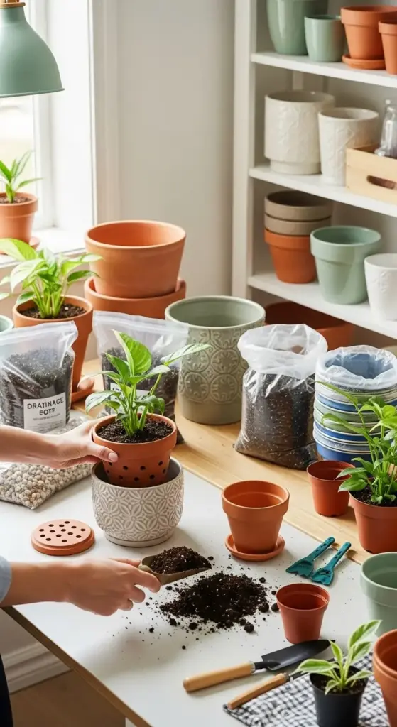 Hands potting a small green plant from a terracotta pot into a decorative ceramic planter on a white table. The scene includes various supplies for indoor gardening, such as bags of potting soil, drainage pebbles, trowels, and many empty pots on shelves, illustrating the essential steps for How To Grow Small Plants and repot them successfully.