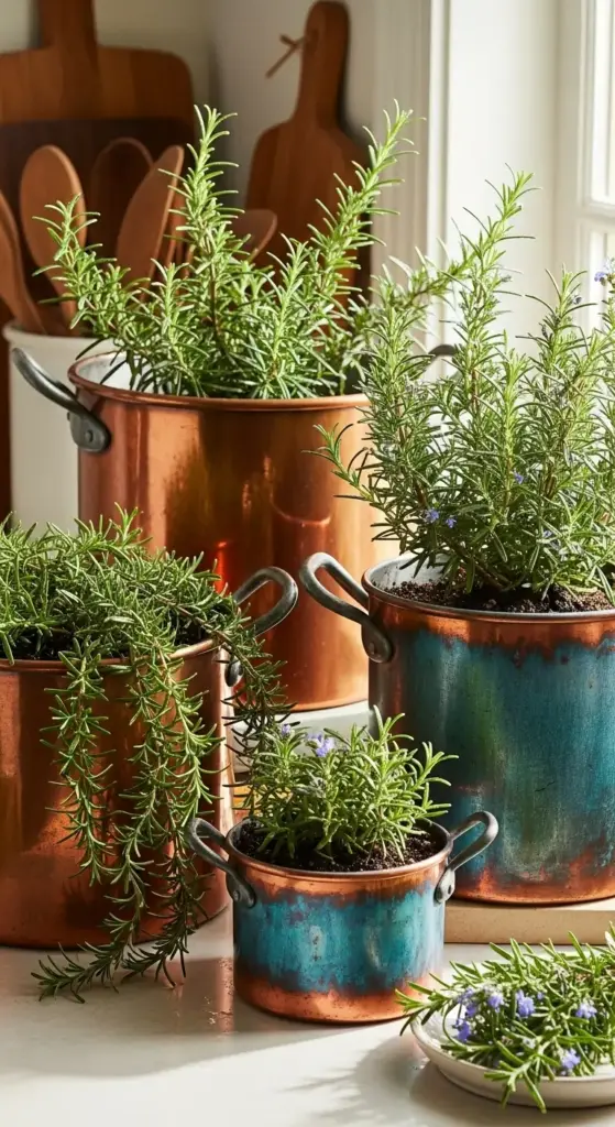 Four rosemary plants flourishing in rustic copper and verdigris-patina metal Indoor Herb Pots that resemble vintage cooking vessels, set on a kitchen counter.