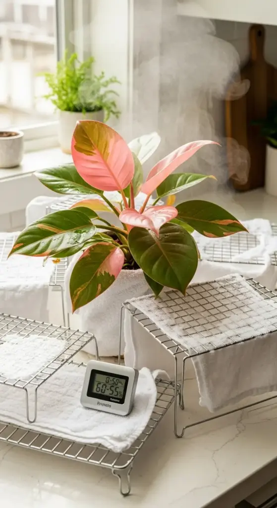 A Philodendron Pink Princess plant sitting on a humidity pebble tray (cooling racks over wet towels) with steam rising, demonstrating a method for increasing humidity to 60-65% for healthy growth.