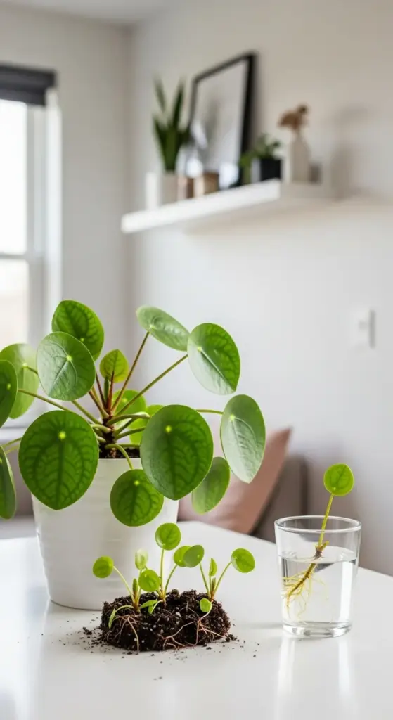 Pilea peperomioides, or Chinese Money Plant, with a main plant, small offshoots ready for potting, and a cutting rooting in water, showcasing a propagation method for Rare Exotic House Plants.