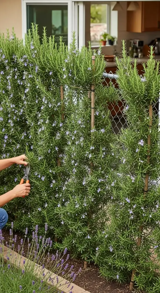 A person prunes a tall, flowering rosemary hedge growing against a chain-link fence, showcasing a practical rosemary garden design used for privacy and aromatic landscaping, with lavender plants in the foreground.