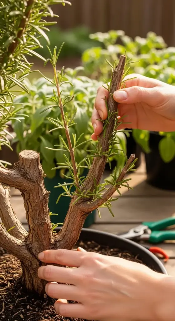 A close-up shot of hands pruning a large, woody rosemary plant outdoors. One hand holds a trimmed branch, while the other points to the main stem. In the background, green pruning shears rest on a wooden table. This image is perfect for a guide on Rosemary Plant Care, specifically for articles about how to prune or harvest the herb.