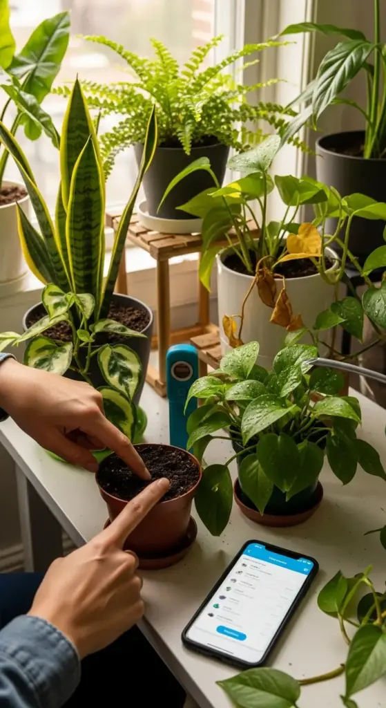 Close-up of hands checking the moisture of soil in a small terracotta pot, surrounded by lush house plants like a snake plant, fern, and pothos, all positioned near a bright window. A smartphone displaying a plant care app and a blue soil meter are on the table, demonstrating the steps for monitoring and caring for them. This image highlights How To Grow Small Plants successfully by using modern tools to maintain optimal soil conditions.