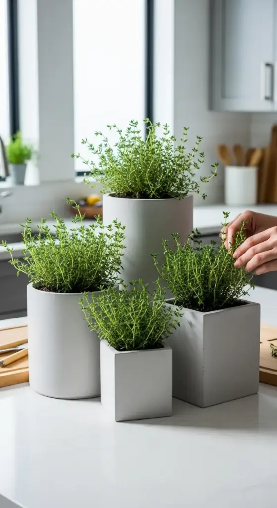 A hand tending to fresh thyme plants growing in a cluster of modern, matte gray concrete Indoor Herb Pots of various heights and shapes on a bright kitchen counter.