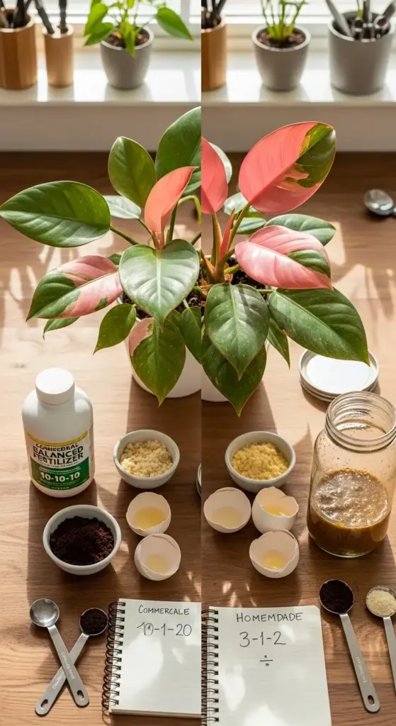 Split image comparing commercial 10-1-20 and homemade 3-1-2 fertilizer for a Philodendron Pink Princess, showing ingredients like eggshells, coffee grounds, and a liquid mixture used for feeding.