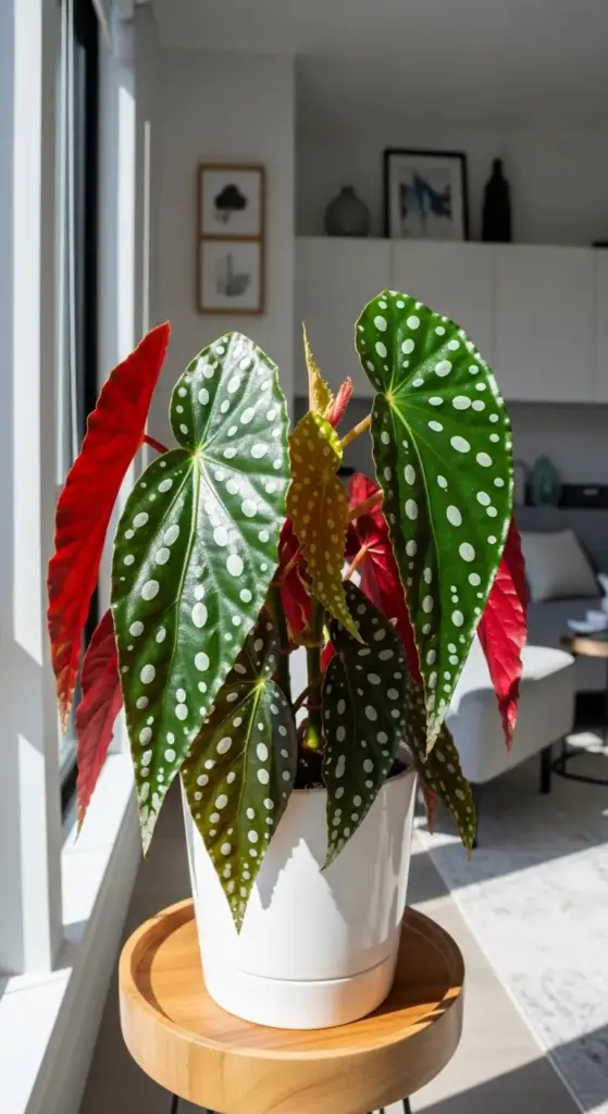 A stunning polka dot Begonia Maculata with large, dark green, white-spotted leaves and striking red undersides, displayed in a white pot on a wooden stand in a bright, modern living room, representing one of many Rare Exotic House Plants.