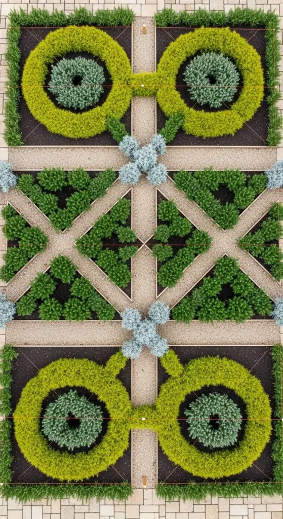 Aerial view of a formal rosemary garden design with a symmetrical, geometric pattern, featuring different colored plants, gravel pathways, and intricate knotwork shapes.