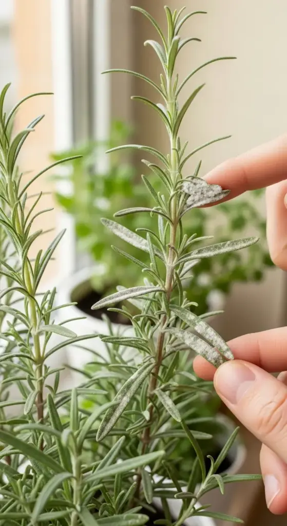A person's hand and finger gently touch a rosemary leaf covered in a white, powdery substance, indicative of powdery mildew. This detailed, close-up shot on a sunlit windowsill is perfect for an article on Rosemary Plant Care, specifically for diagnosing and treating common plant diseases and pests.